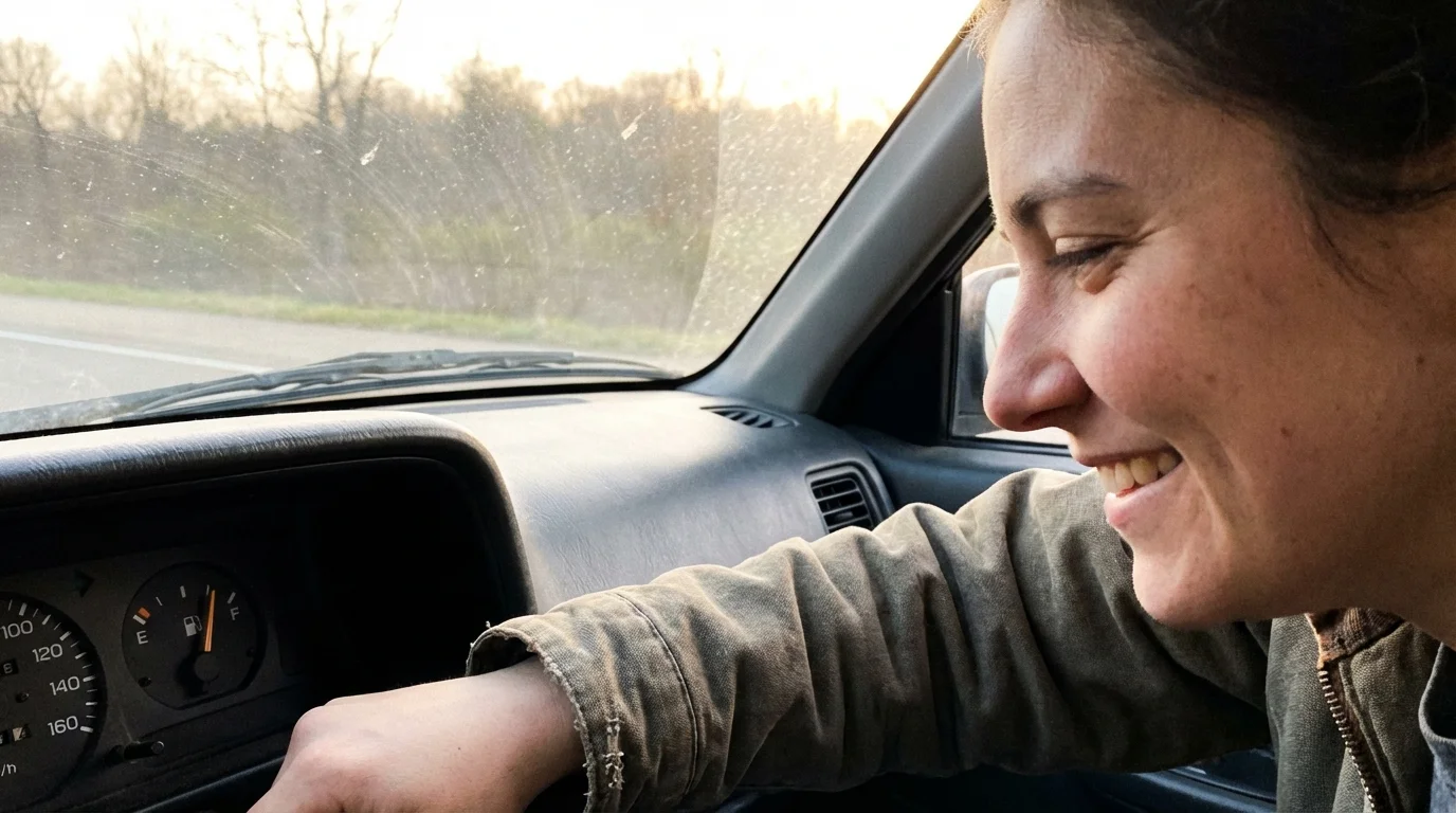 A driver happy about their full tank of gas, thanks to FuelSync savings.